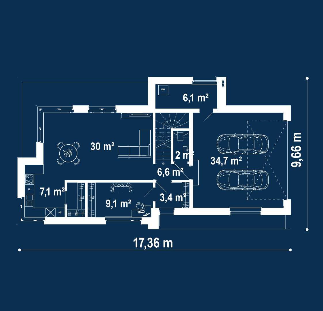Plan parter Casă cu etaj 136 mp utili, un dormitor, 2 băi
