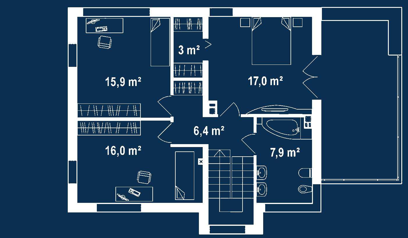 Plan etaj Casă cu etaj 128 mp utili, un dormitor, 2 băi