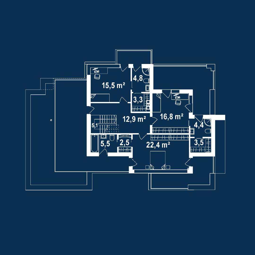 Plan etaj Casă cu etaj 211 mp utili, 2 dormitoare, 4 băi