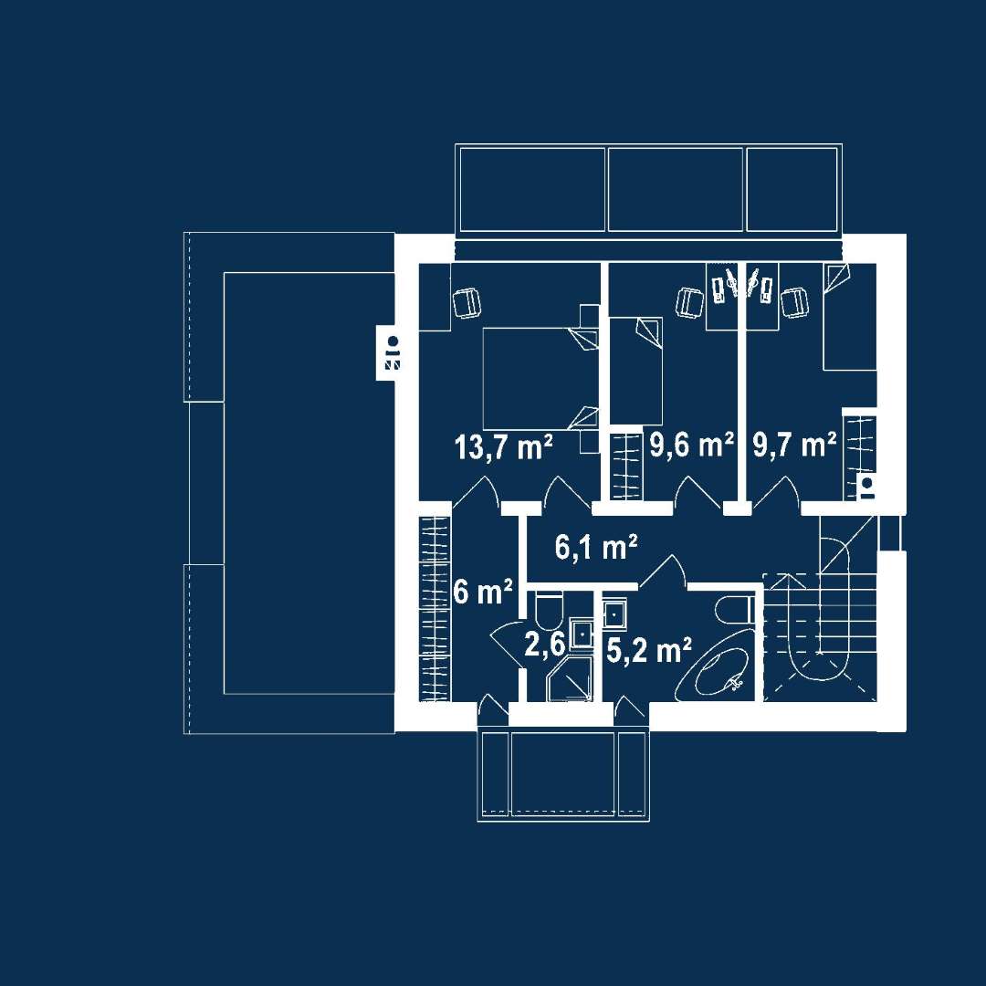 Plan etaj Casă cu etaj 112 mp utili, un dormitor, 3 băi