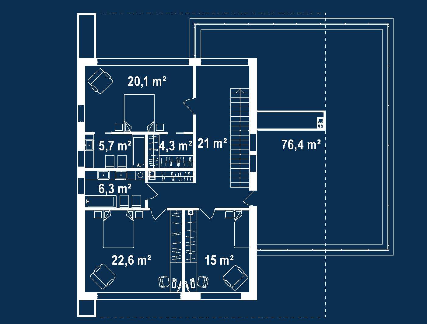 Plan etaj Casă cu etaj 227 mp utili, un dormitor, 3 băi