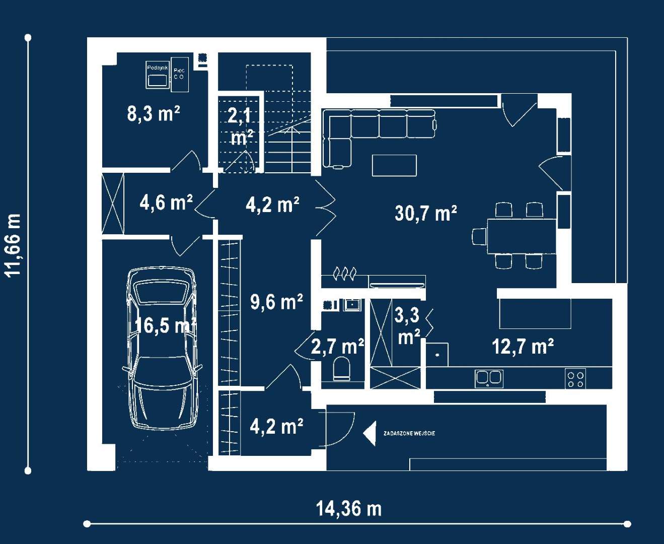 Plan parter Casă cu etaj 174 mp utili, un dormitor, 2 băi