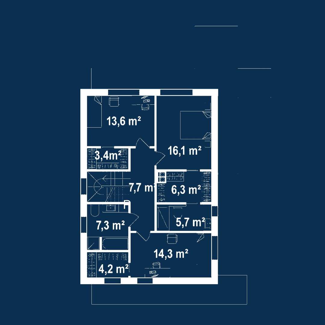 Plan etaj Casă cu etaj 137 mp utili, un dormitor, 2 băi