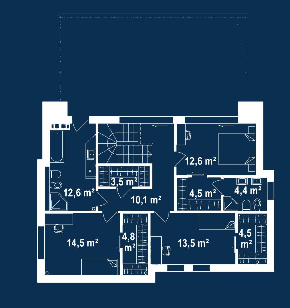 Plan etaj Casă cu etaj 161 mp utili, un dormitor, 3 băi