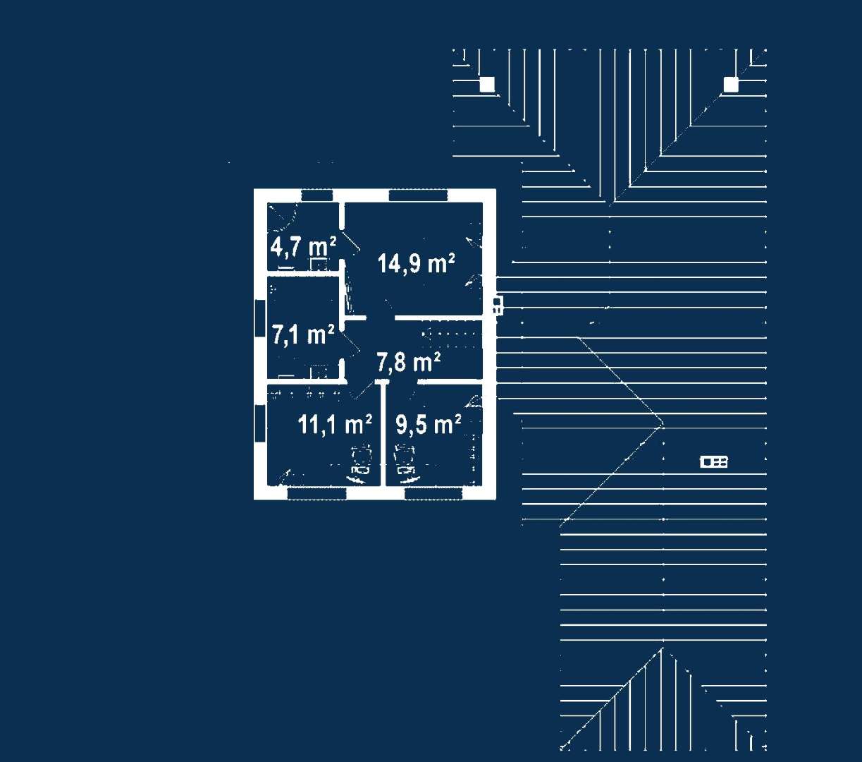 Plan etaj Casă cu etaj 170 mp utili, un dormitor, o baie