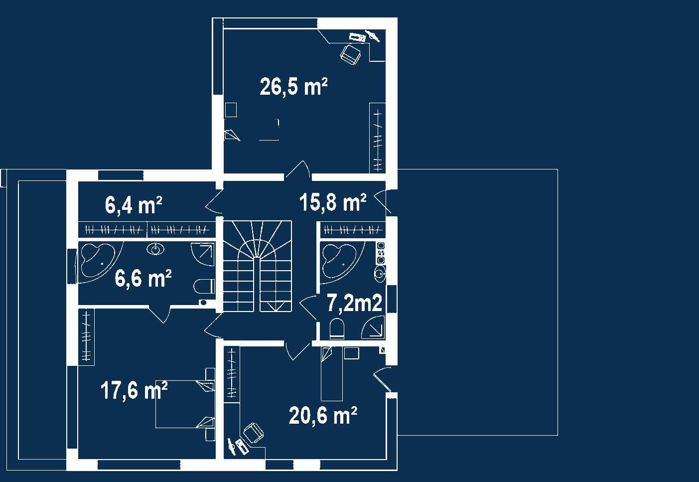Plan etaj Casă cu etaj 204 mp utili, un dormitor, 3 băi