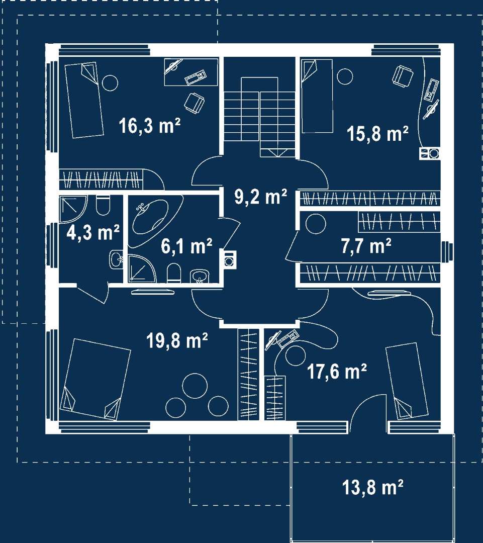 Plan etaj Casă cu etaj 166 mp utili, un dormitor, 3 băi