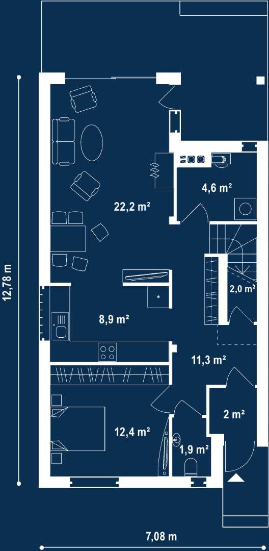 Plan parter Casă cu etaj 126 mp utili, un dormitor, o baie