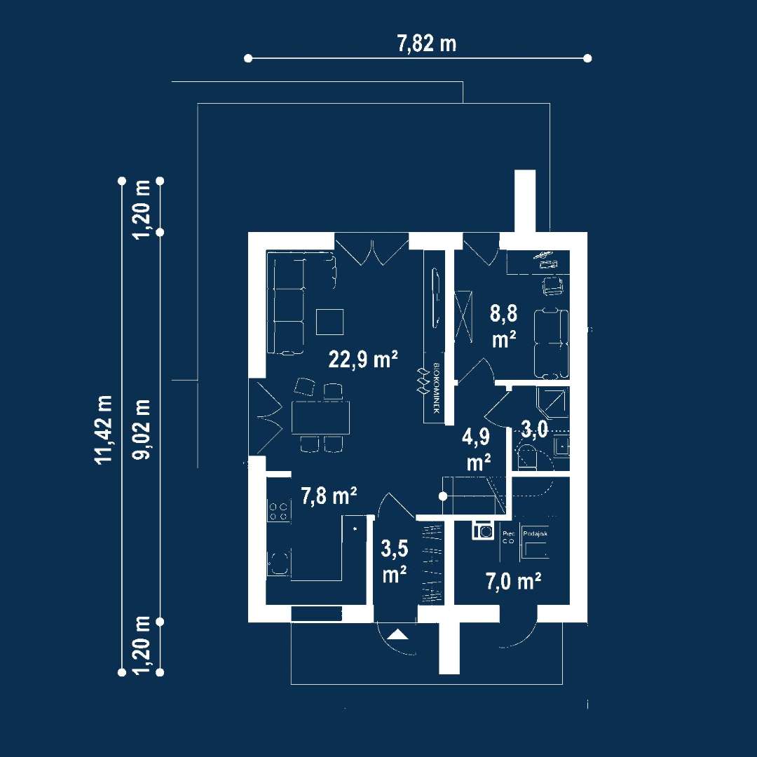 Plan parter Casă cu etaj 105 mp utili, un dormitor, 2 băi