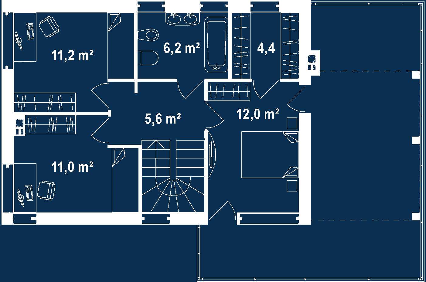 Plan etaj Casă cu etaj 106 mp utili, un dormitor, 2 băi