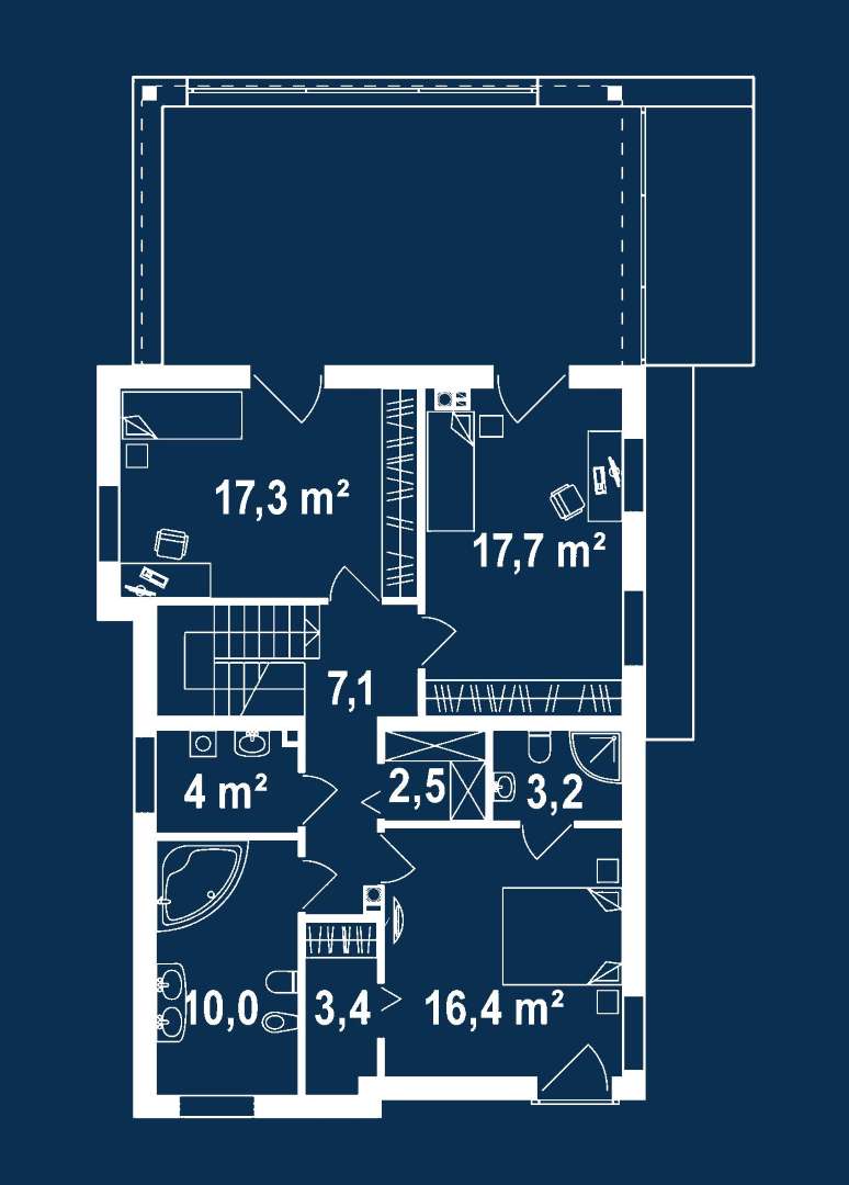 Plan etaj Casă cu etaj 161 mp utili, un dormitor, 3 băi