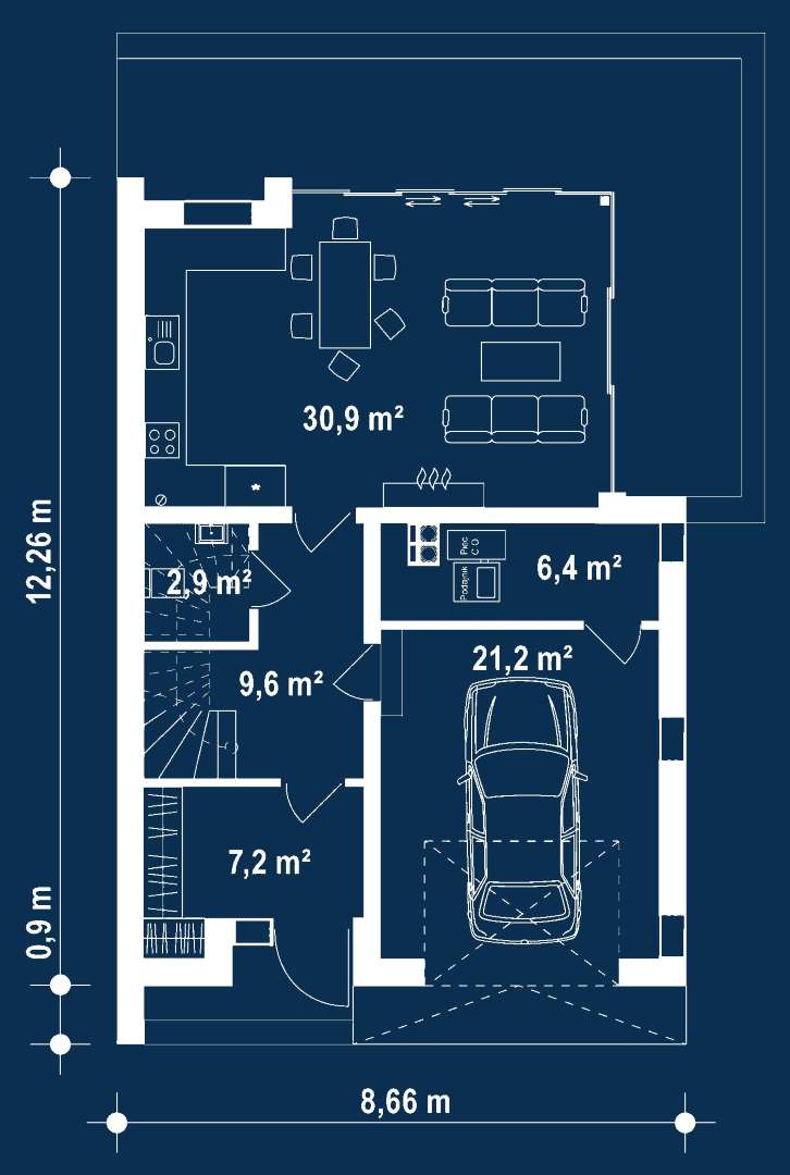 Plan parter Casă cu etaj 114 mp utili, un dormitor, o baie