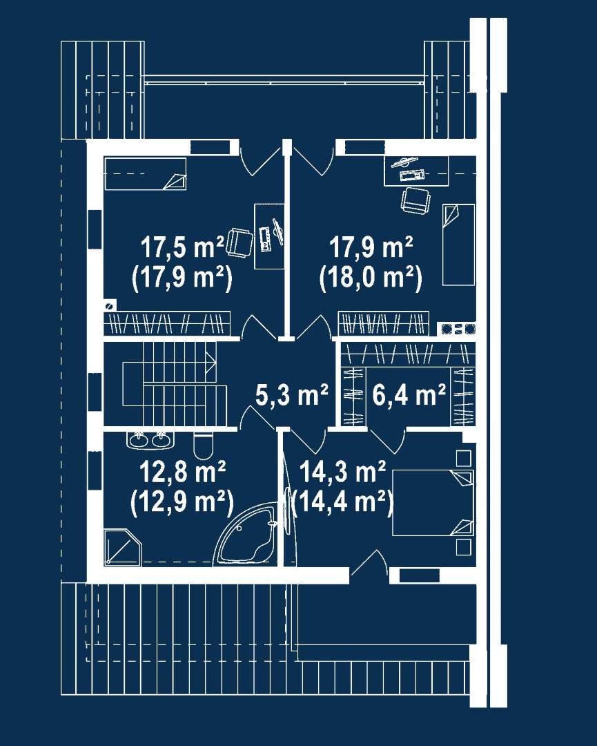 Plan etaj Casă cu etaj 133 mp utili, un dormitor, o baie