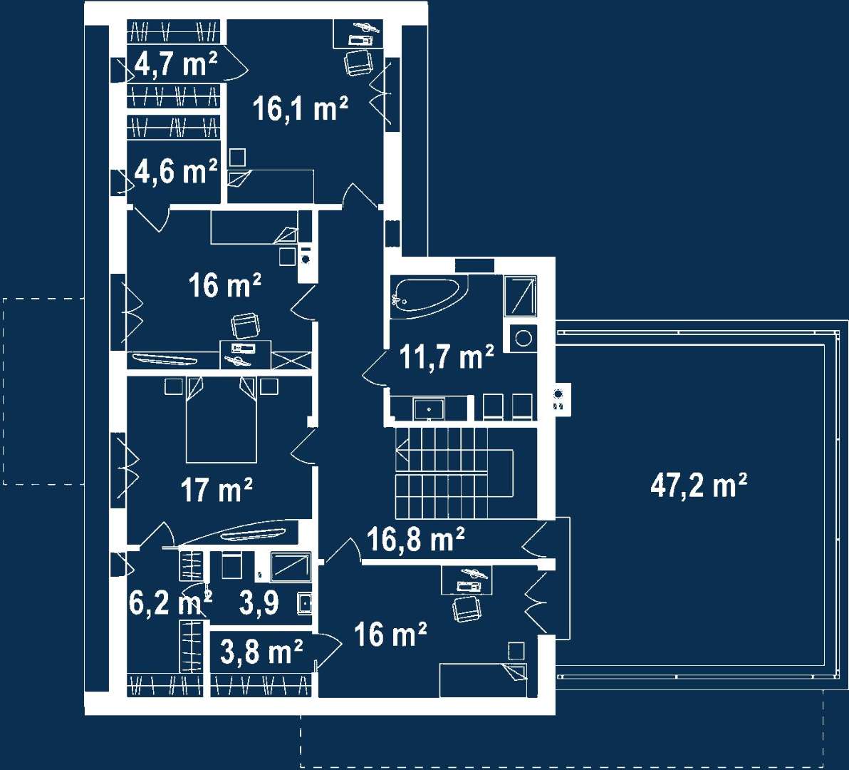 Plan etaj Casă cu etaj 238 mp utili, un dormitor, 3 băi