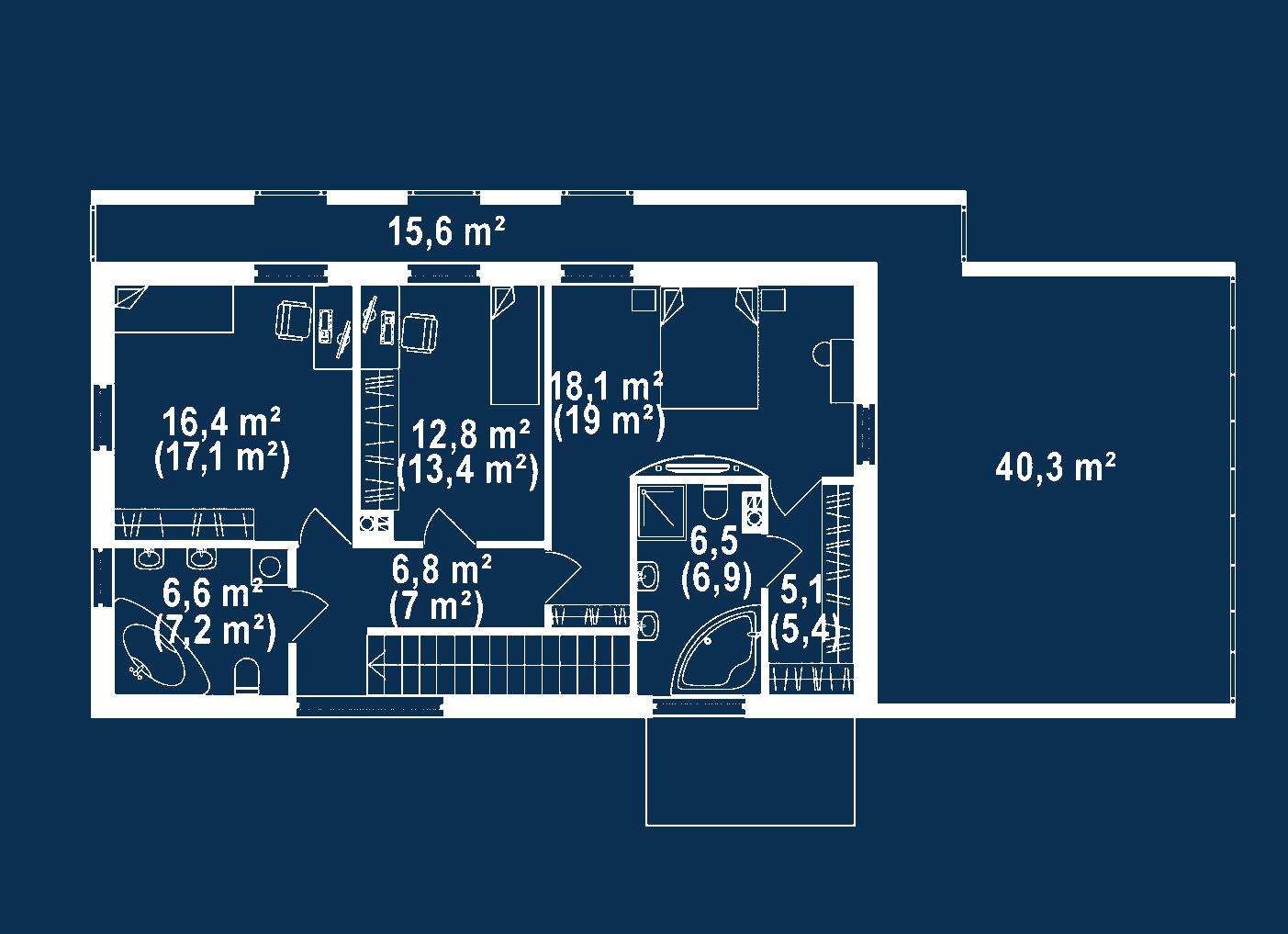 Plan etaj Casă cu etaj 152 mp utili, un dormitor, 2 băi