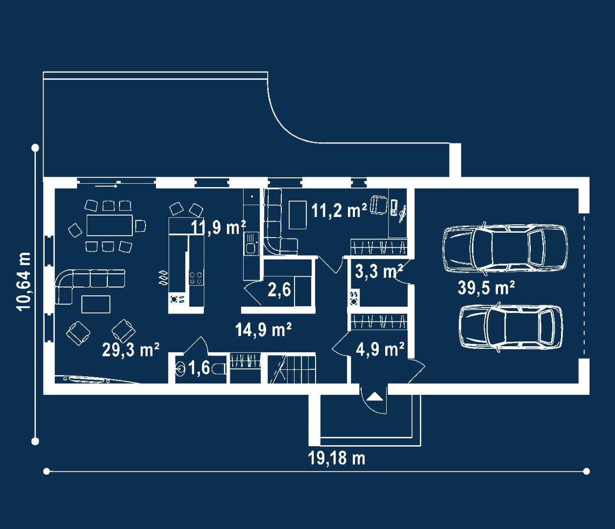 Plan parter Casă cu etaj 152 mp utili, un dormitor, 2 băi