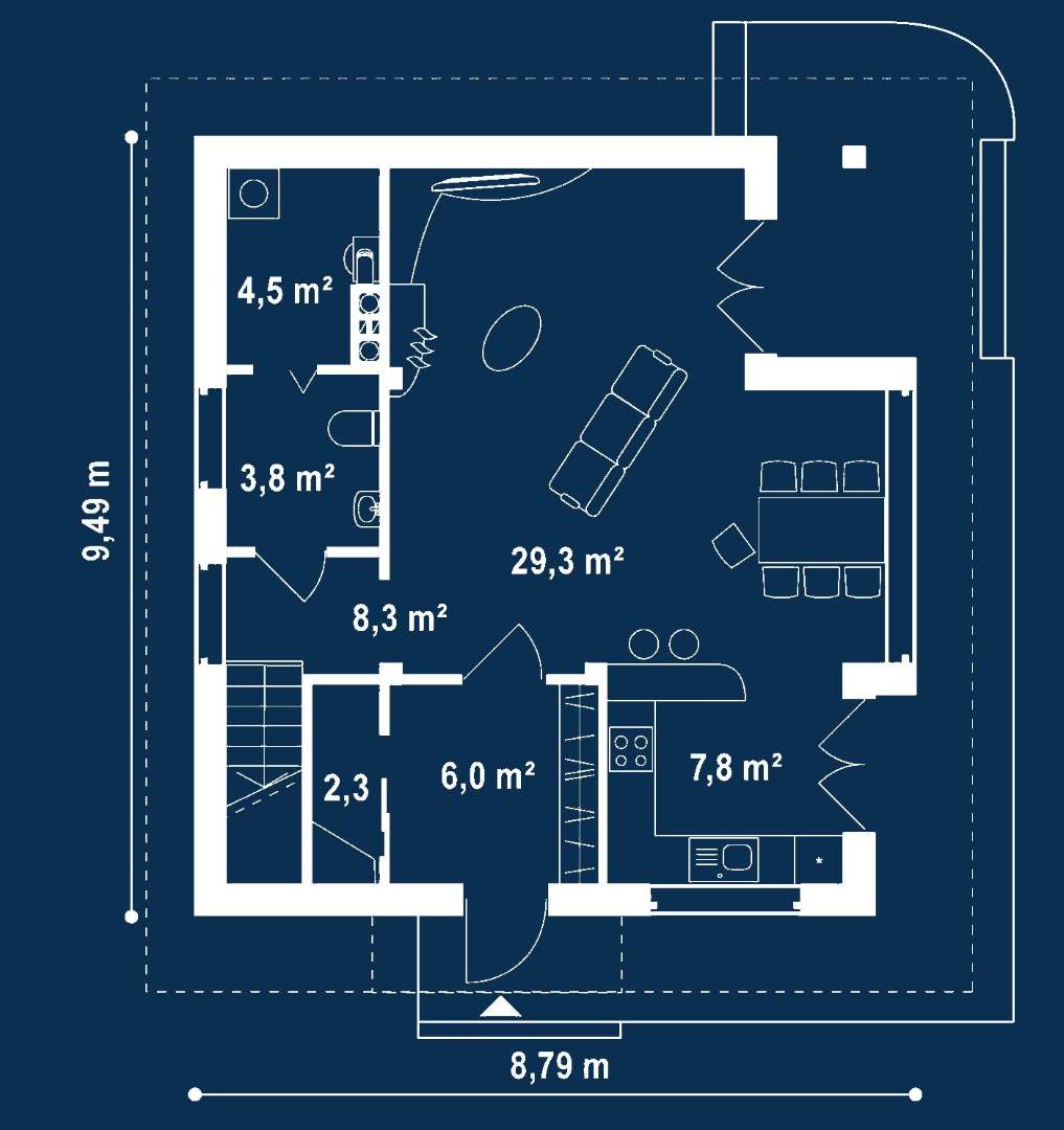 Plan parter Casă cu etaj 121 mp utili, un dormitor, 2 băi