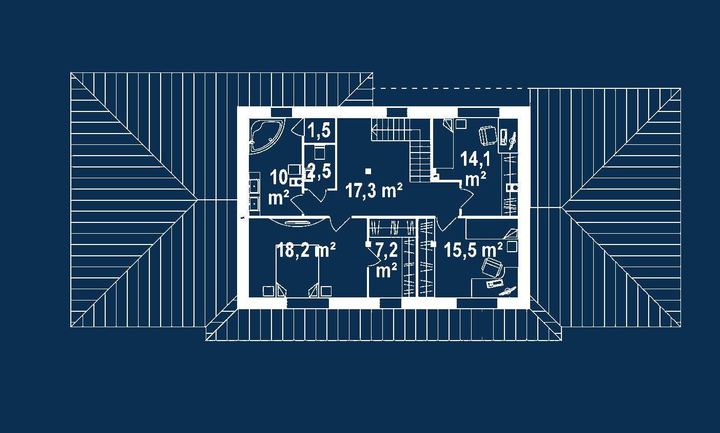 Plan etaj Casă cu etaj 197 mp utili, un dormitor, 2 băi