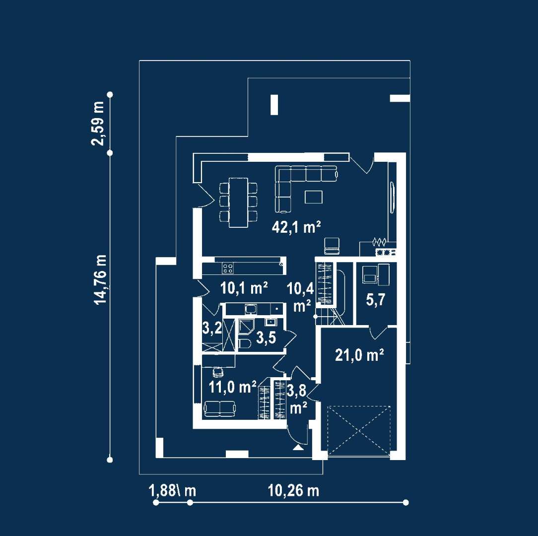 Plan parter Casă cu etaj 151 mp utili, un dormitor, 3 băi