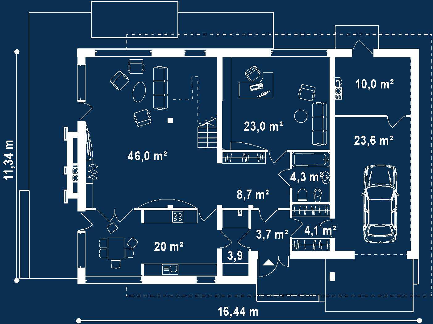 Plan parter Casă cu etaj 208 mp utili, un dormitor, 3 băi
