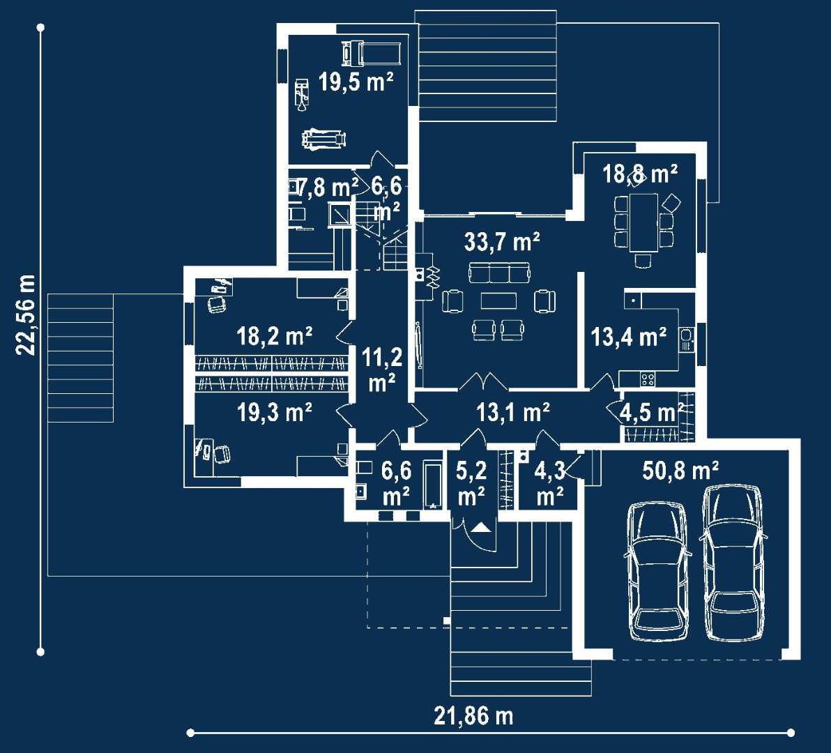 Plan parter Casă cu etaj 209 mp utili, 2 dormitoare, 2 băi