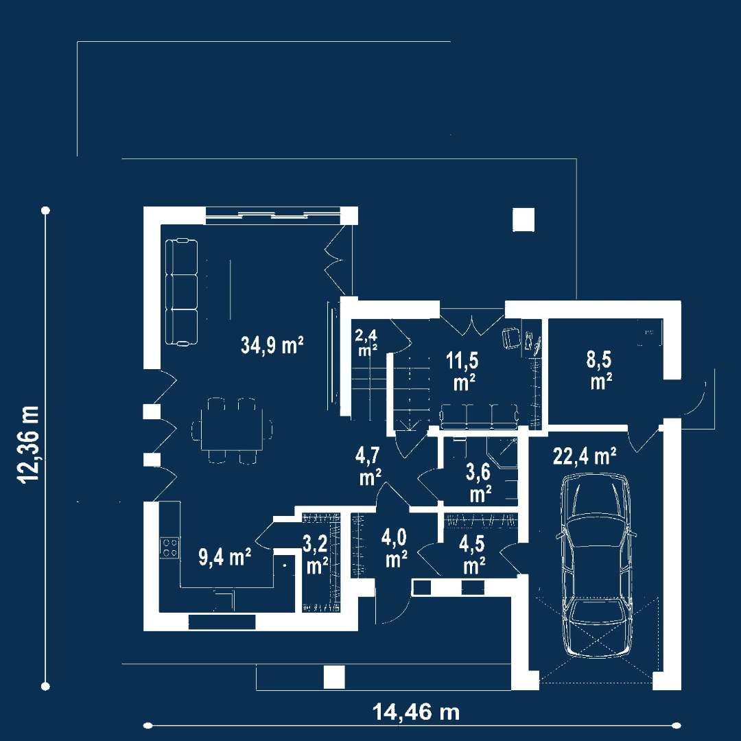Plan parter Casă cu etaj 166 mp utili, un dormitor, 3 băi