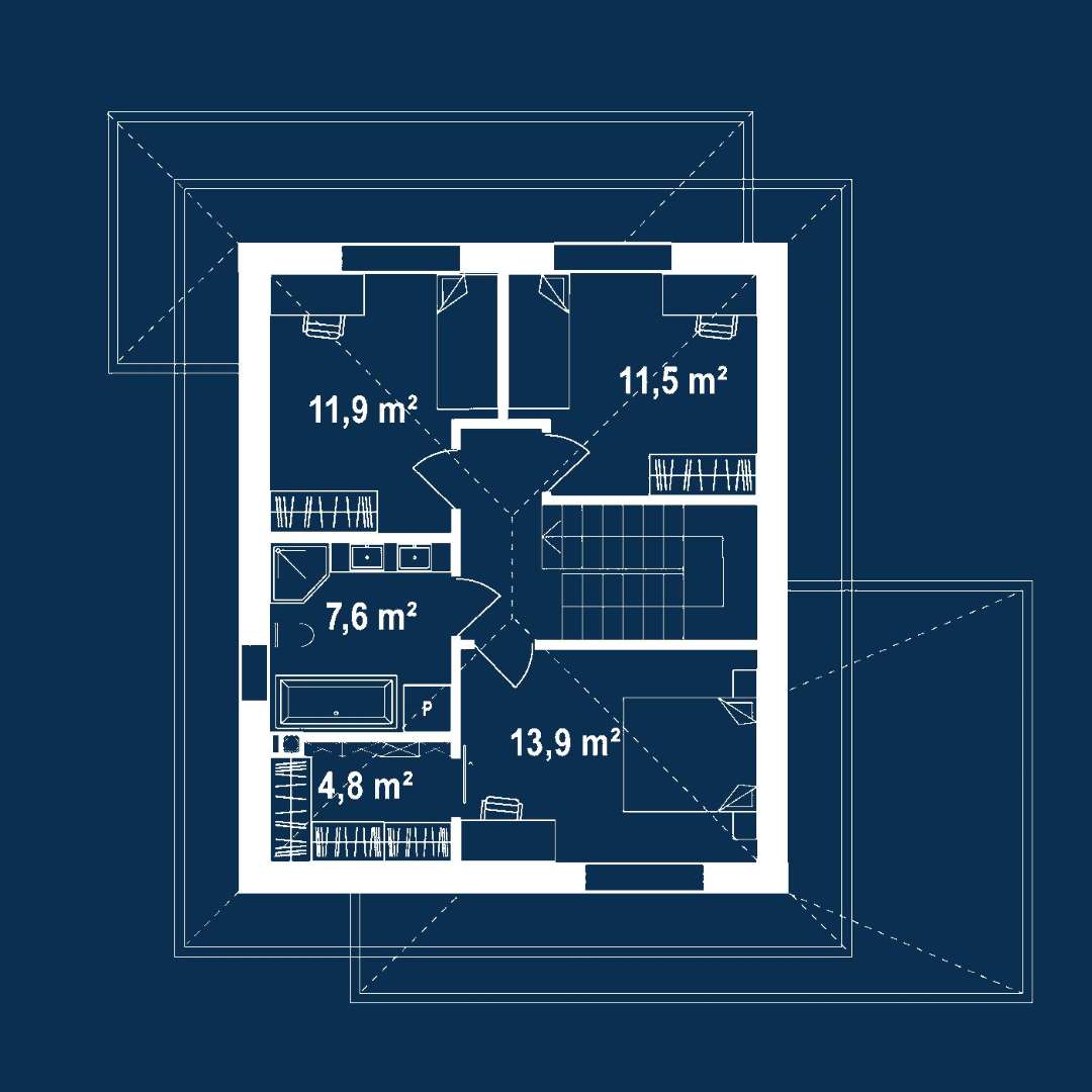 Plan etaj Casă cu etaj 110 mp utili, un dormitor, 2 băi