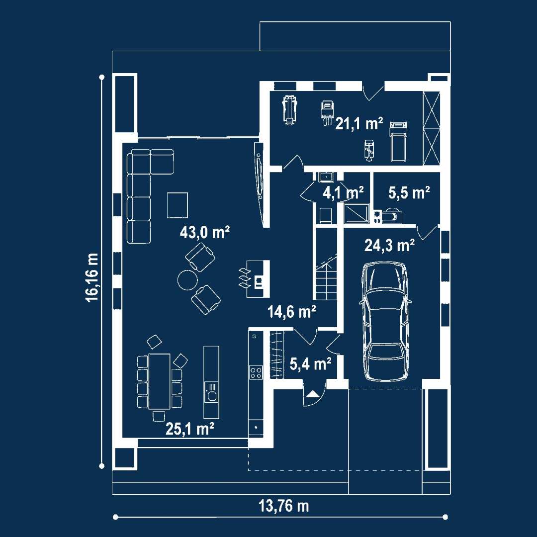 Plan parter Casă cu etaj 214 mp utili, un dormitor, 3 băi