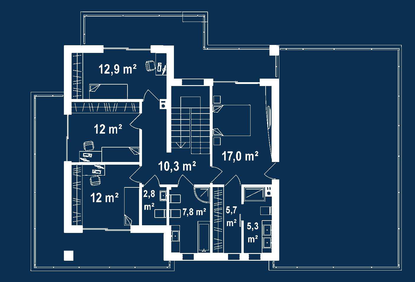 Plan etaj Casă cu etaj 188 mp utili, un dormitor, 2 băi