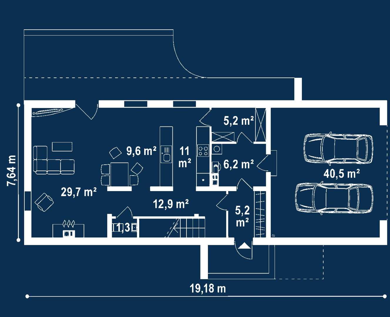 Plan parter Casă cu etaj 158 mp utili, un dormitor, 2 băi