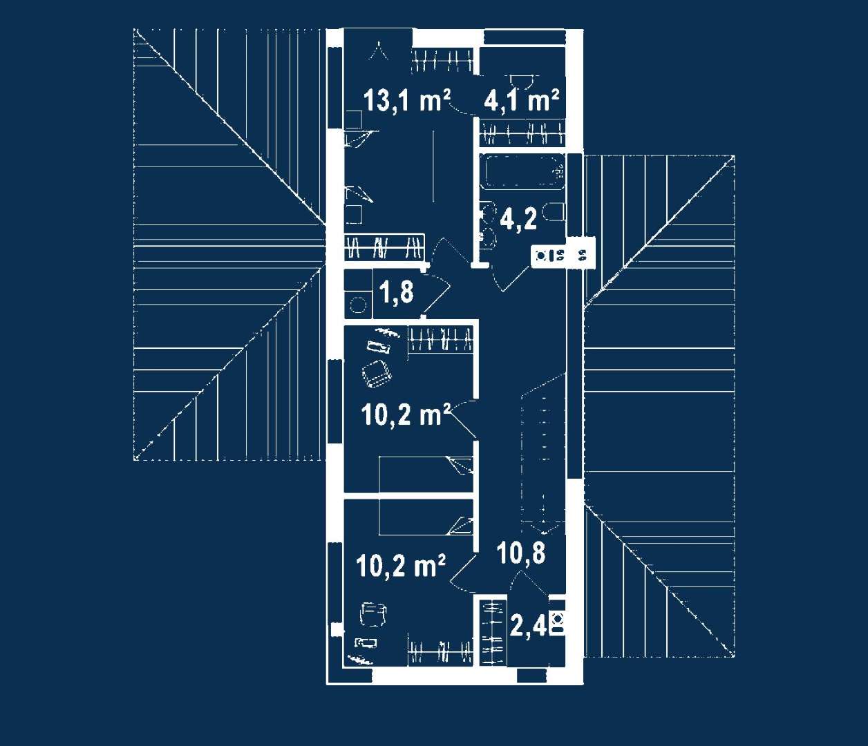 Plan etaj Casă cu etaj 139 mp utili, un dormitor, 2 băi
