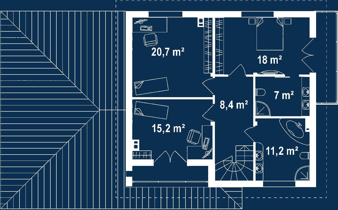 Plan etaj Casă cu etaj 171 mp utili, un dormitor, 3 băi