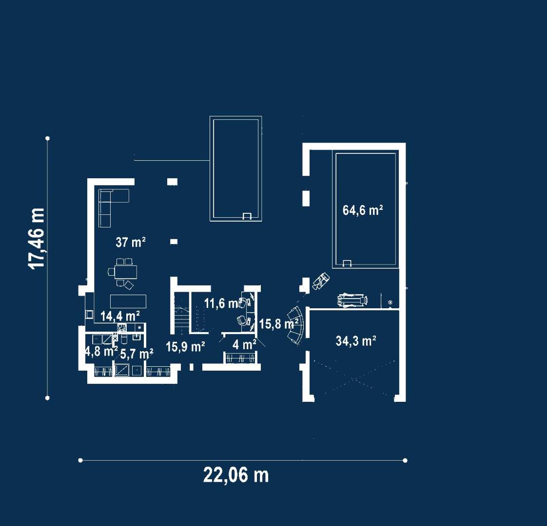 Plan parter Casă cu etaj 231 mp utili, un dormitor, 3 băi