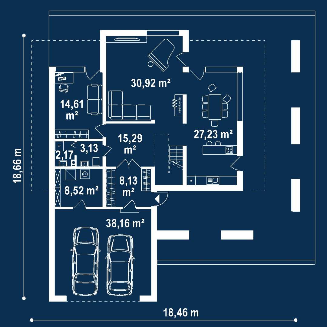 Plan parter Casă cu etaj 180 mp utili, un dormitor, 2 băi