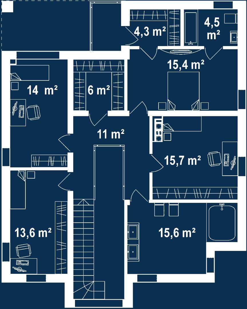 Plan etaj Casă cu etaj 193 mp utili, un dormitor, 2 băi
