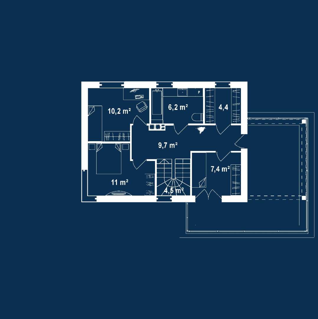 Plan etaj Casă cu etaj 95 mp utili, un dormitor, 2 băi