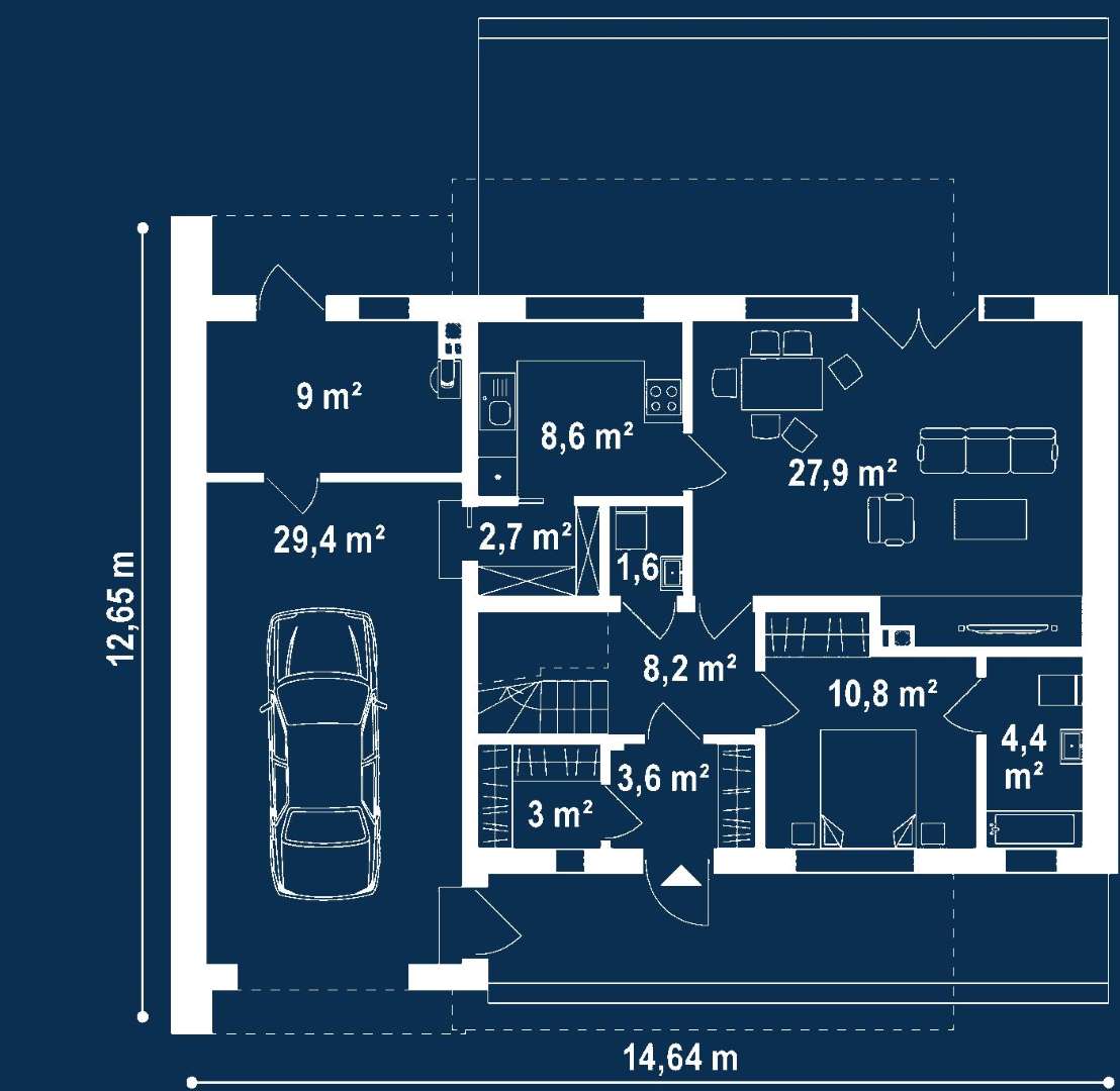 Plan parter Casă cu etaj 148 mp utili, un dormitor, 3 băi
