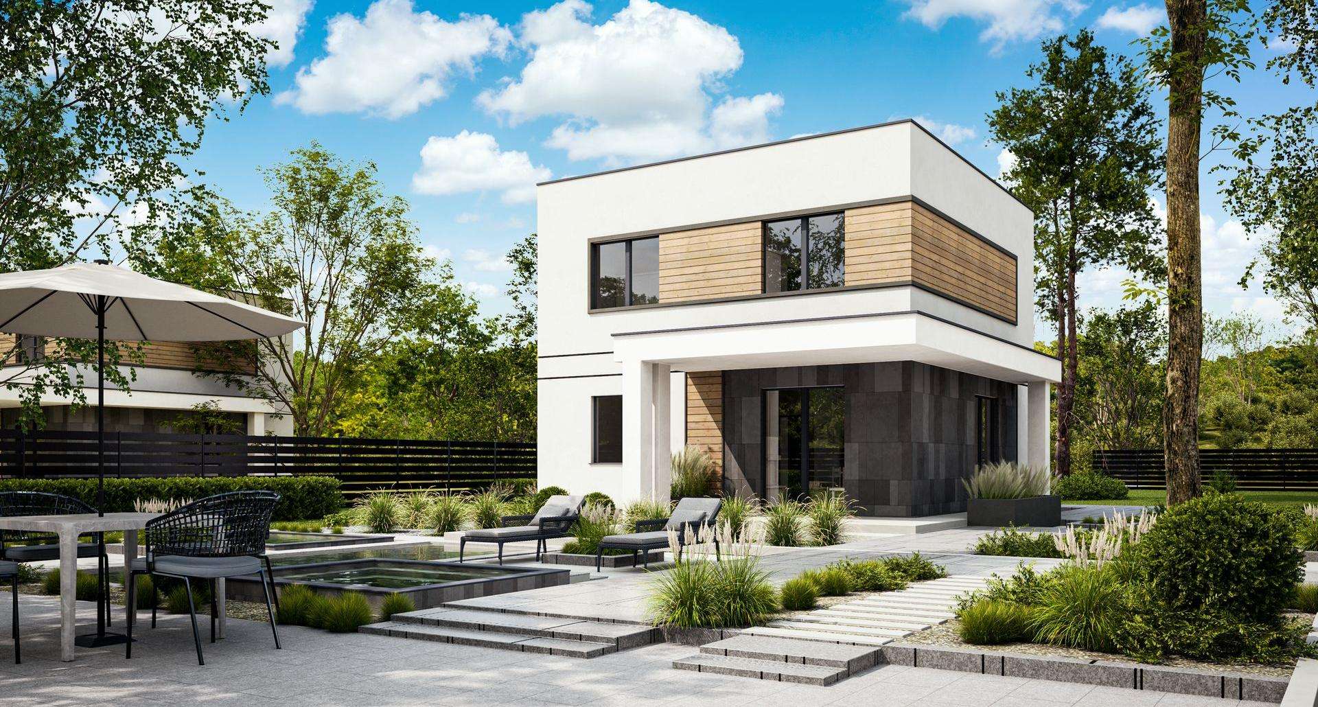 Fatada Casă cu etaj 100 mp utili, un dormitor, 2 băi