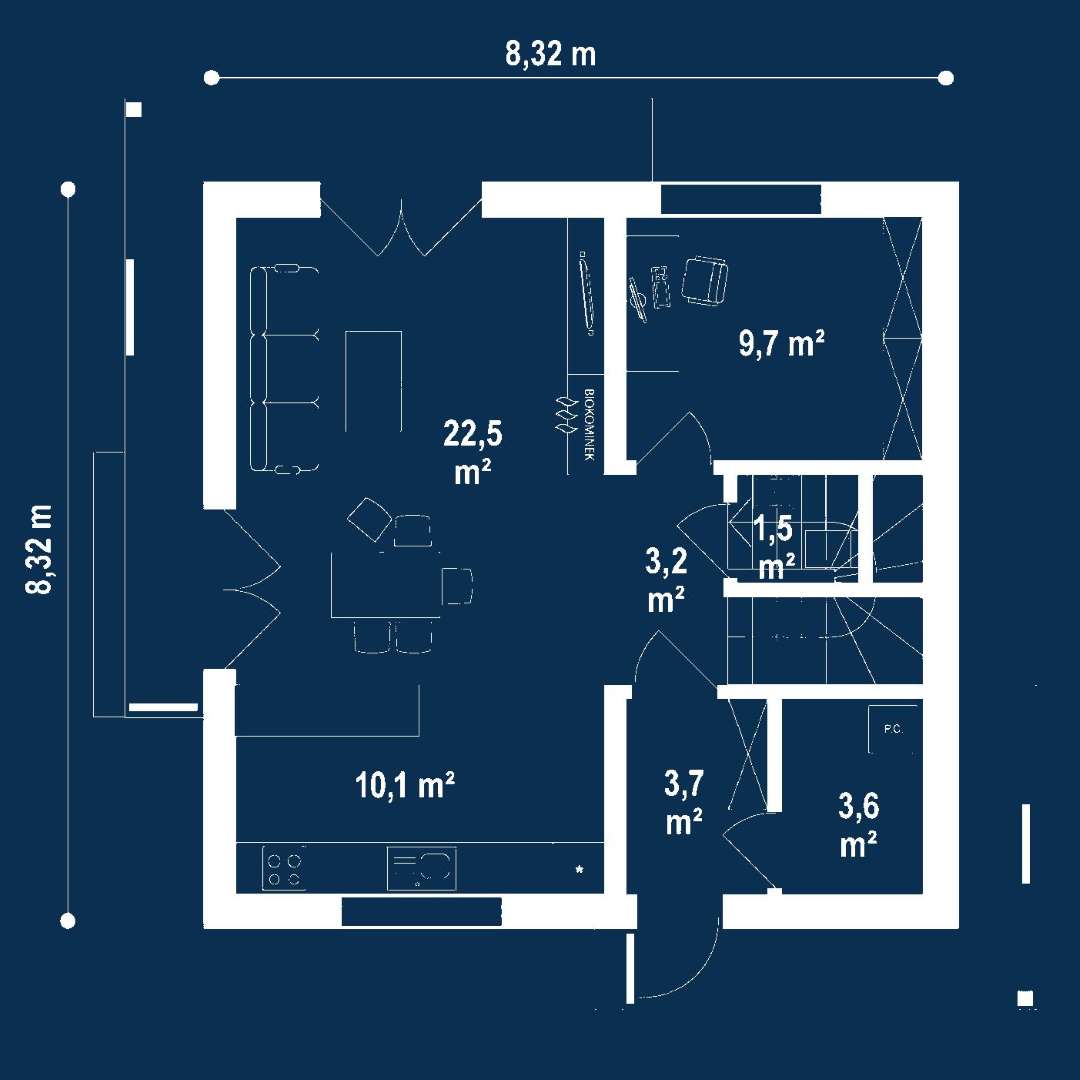 Plan parter Casă cu etaj 100 mp utili, un dormitor, 2 băi
