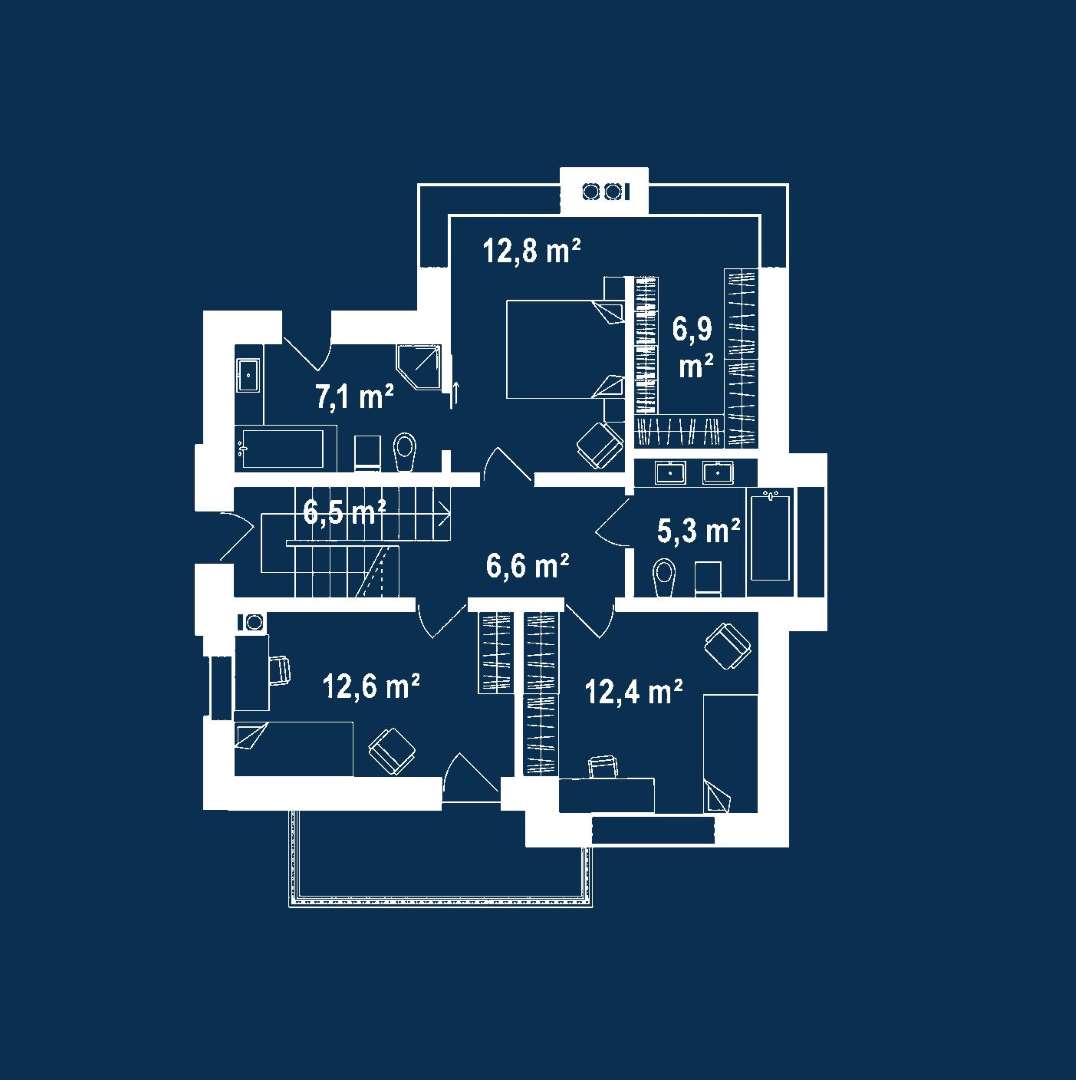 Plan etaj Casă cu etaj 130 mp utili, un dormitor, 3 băi