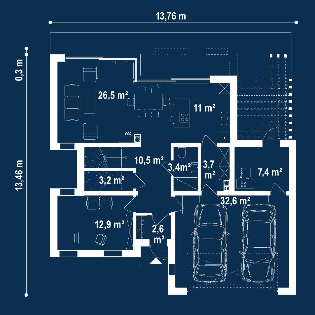 Plan parter Casă cu etaj 148 mp utili, un dormitor, 3 băi