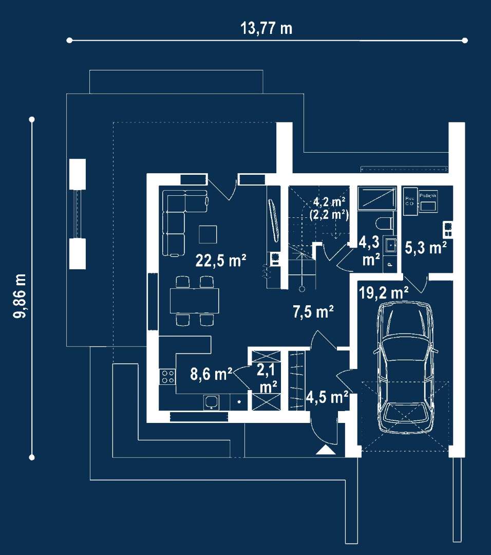 Plan parter Casă cu etaj 142 mp utili, un dormitor, 3 băi