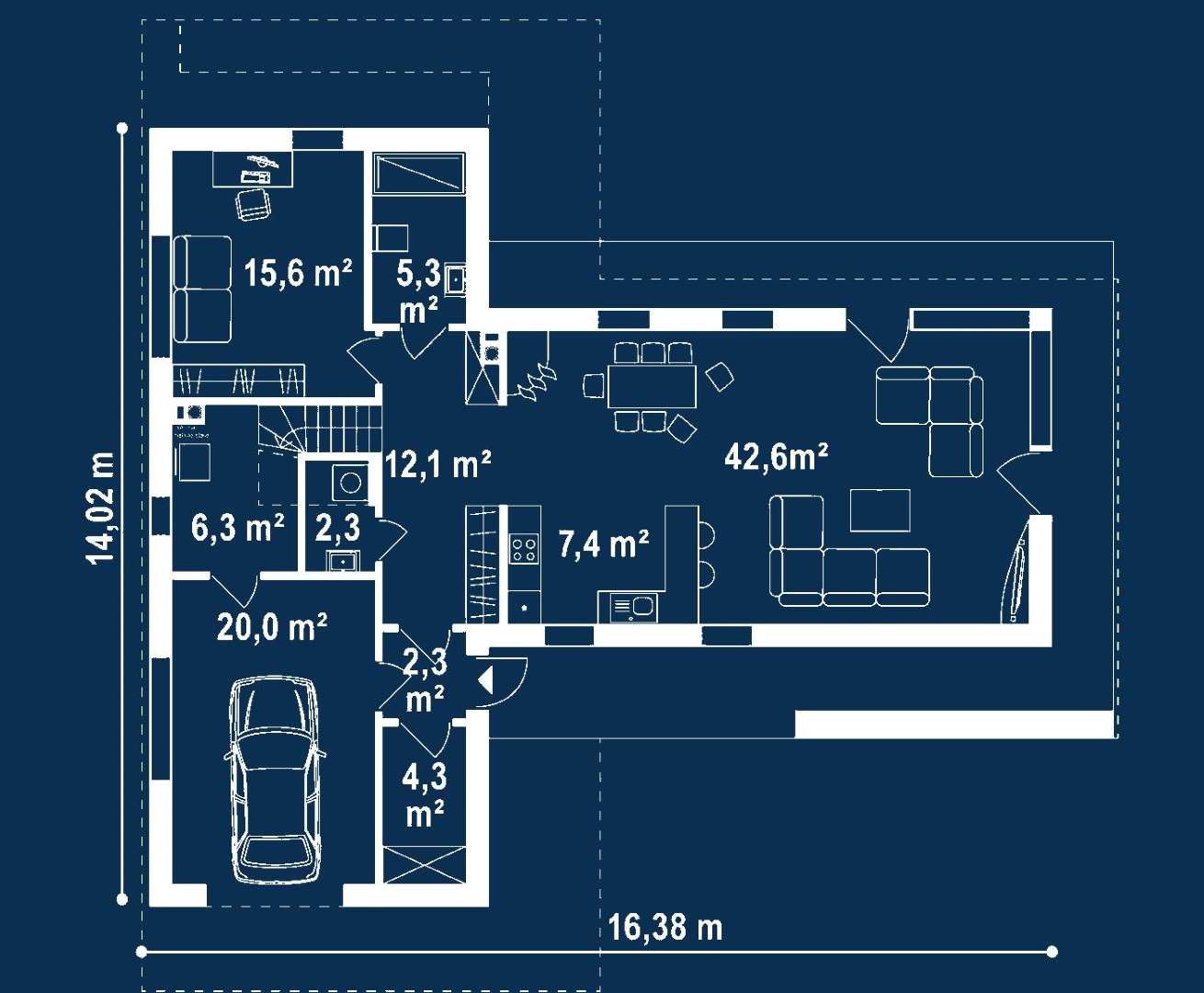 Plan parter Casă cu etaj 165 mp utili, un dormitor, 3 băi