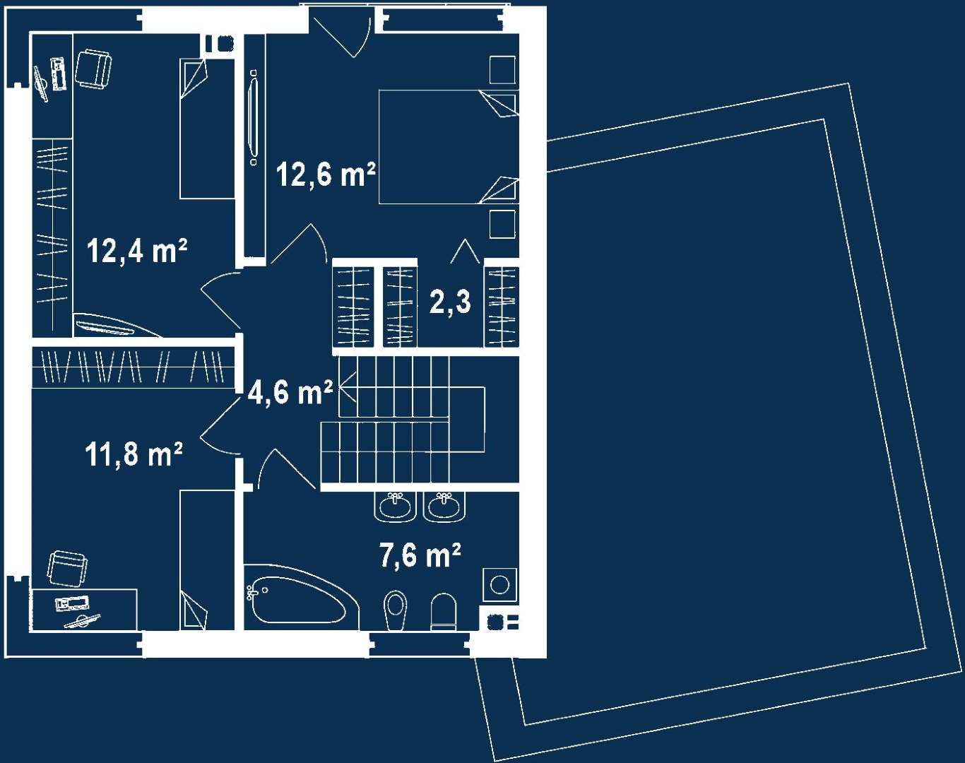 Plan etaj Casă cu etaj 102 mp utili, un dormitor, o baie