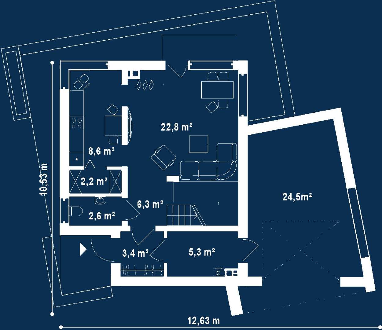 Plan parter Casă cu etaj 102 mp utili, un dormitor, o baie