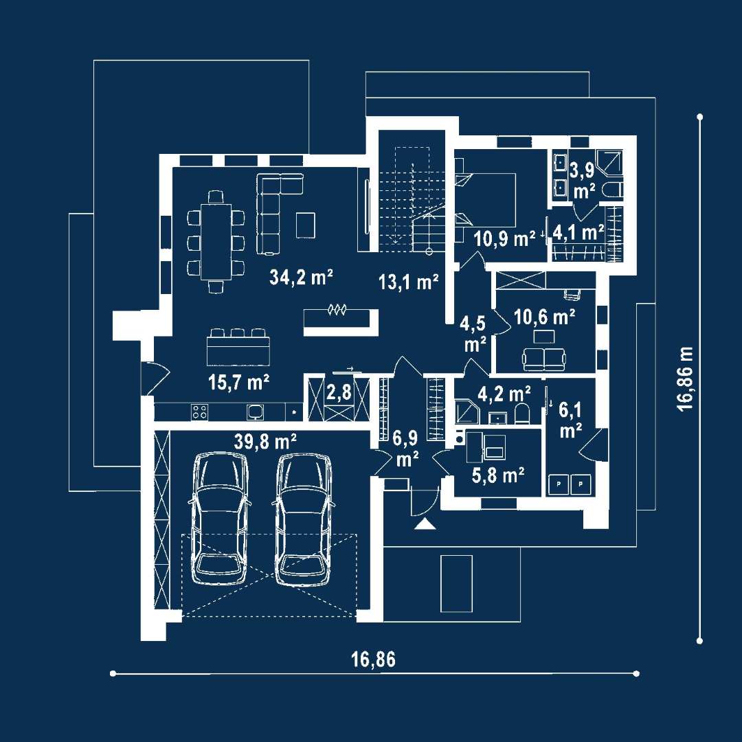 Plan parter Casă cu etaj 163 mp utili, un dormitor, 3 băi