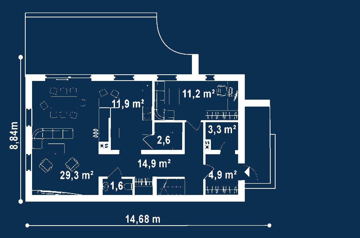 Plan parter Casă cu etaj 155 mp utili, un dormitor, 2 băi