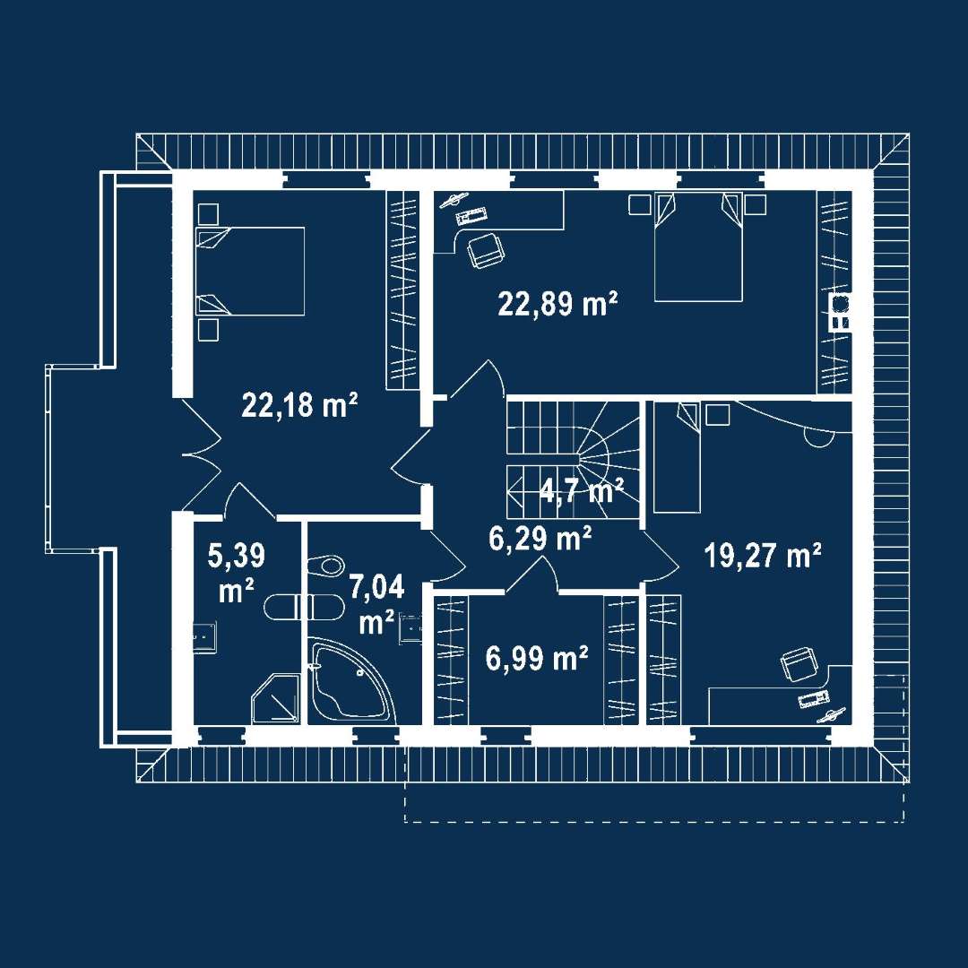 Plan etaj Casă cu etaj 160 mp utili, un dormitor, 3 băi