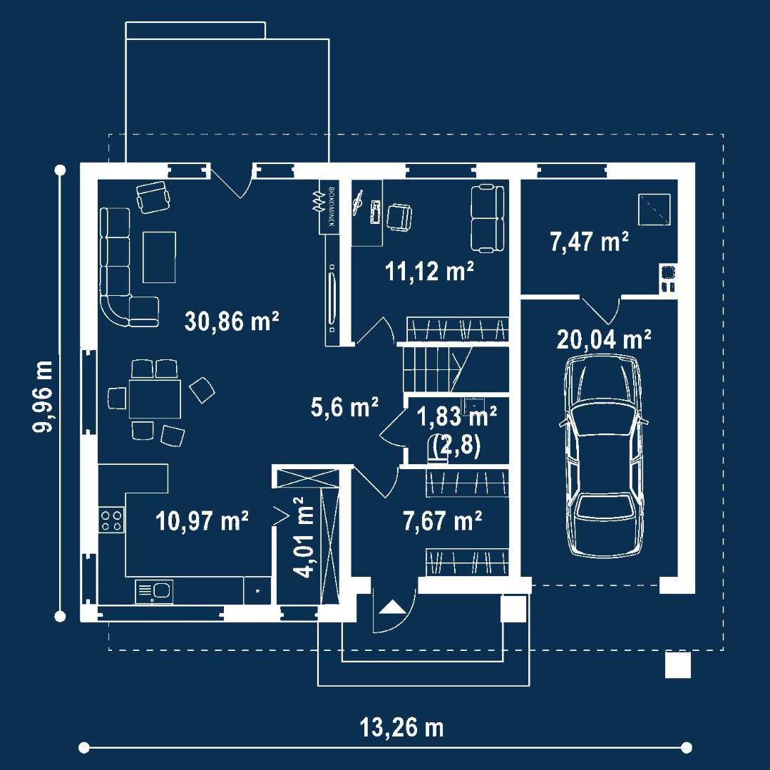 Plan parter Casă cu etaj 160 mp utili, un dormitor, 3 băi