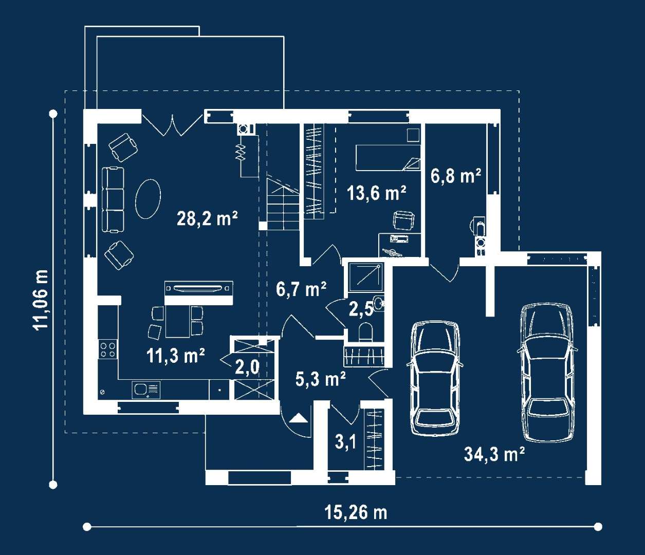 Plan parter Casă cu etaj 154 mp utili, un dormitor, o baie